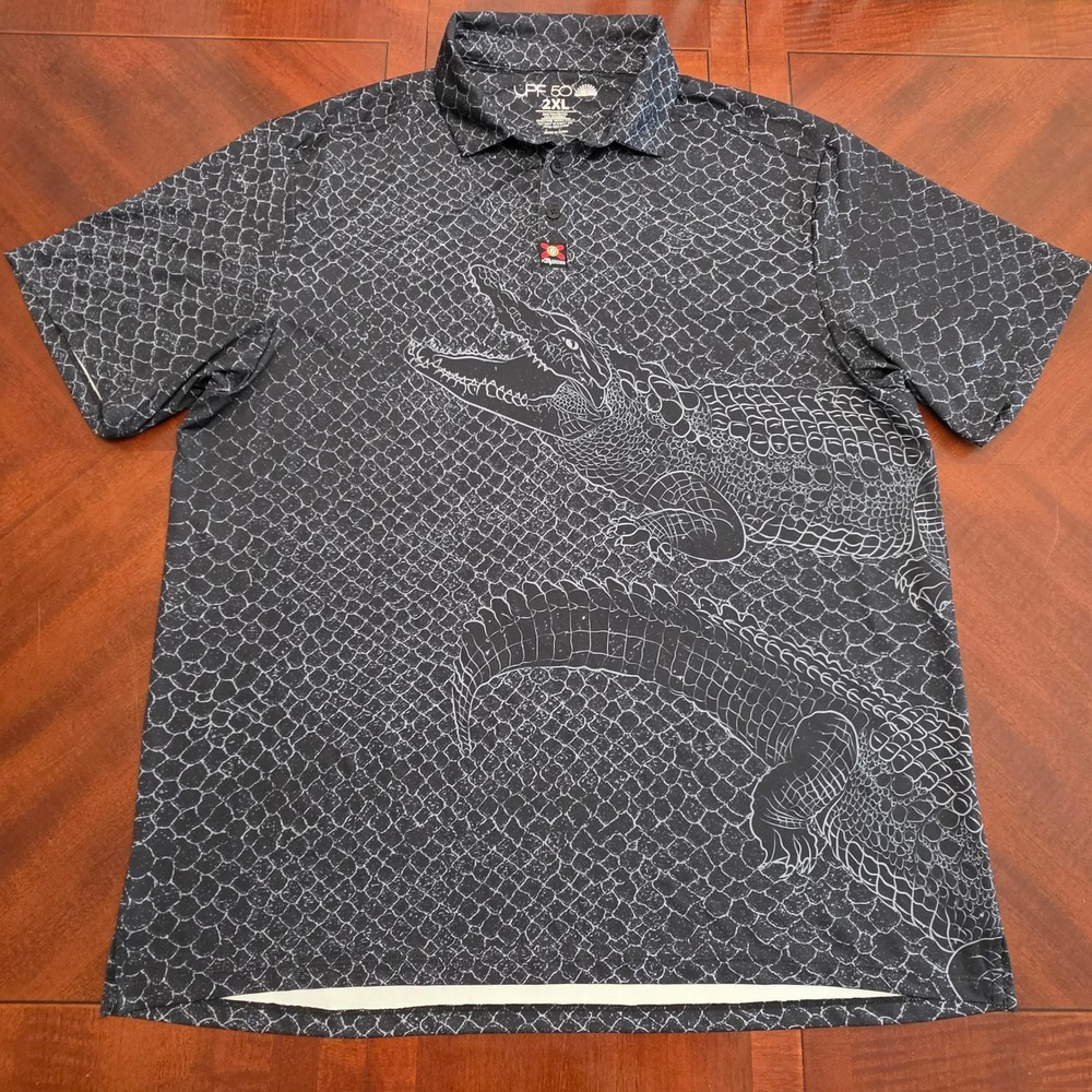 FloGrown Polo Shirt Mens 2XL Gray Alligator Skin Print UPF 50 Performance Top